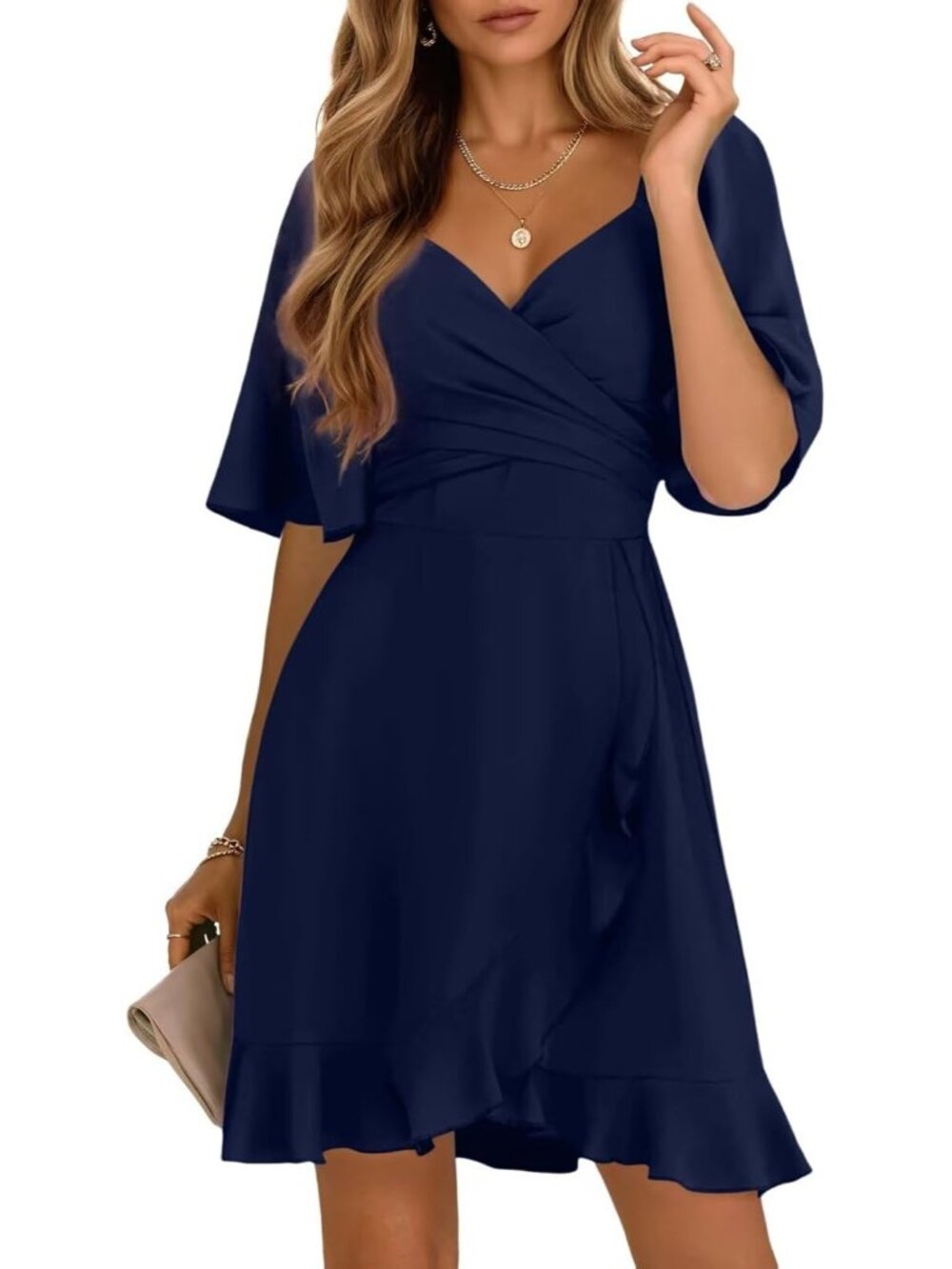Women's Navy Blue Wrap V Neck Short Sleeve Elastic Waist Wedding Mini Dresses